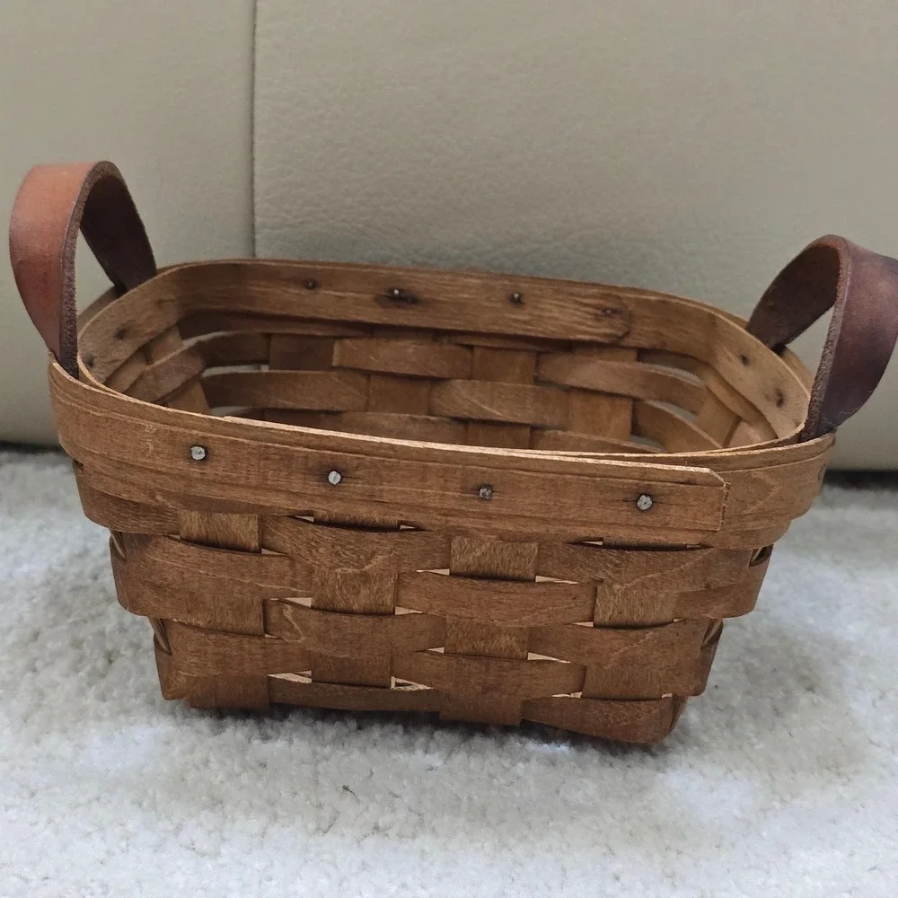 Woven Wood Basket‎ with Leather Handles Rustic Farmhouse Decor Square Vintage